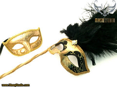 Venetian Couple Ostrich Feather Masquerade Stick Mask Gold Black