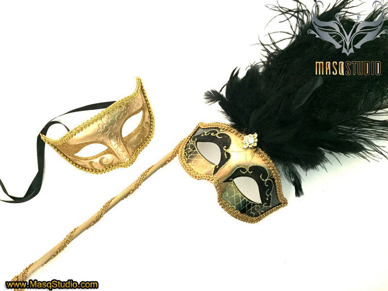 Venetian Couple Feather Masquerade Stick Mask Set Mardi Gras