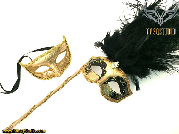 Venetian Couple Ostrich Feather Masquerade Stick Mask Gold Black