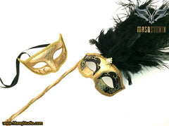 Venetian Couple Feather Masquerade Stick Mask Set Mardi Gras