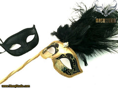 Venetian Couple Ostrich Feather Masquerade Stick Mask Black Gold