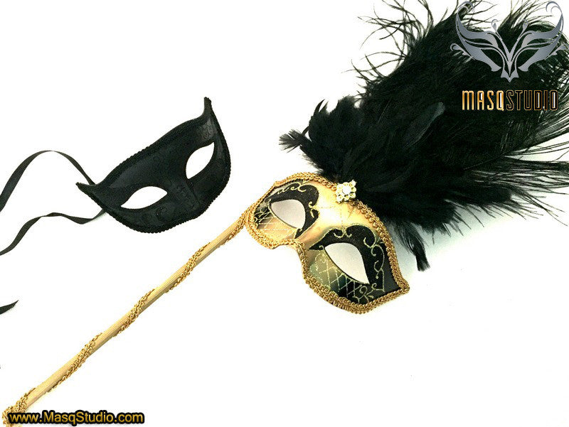 Venetian Couple Feather Masquerade Stick Mask Set Mardi Gras