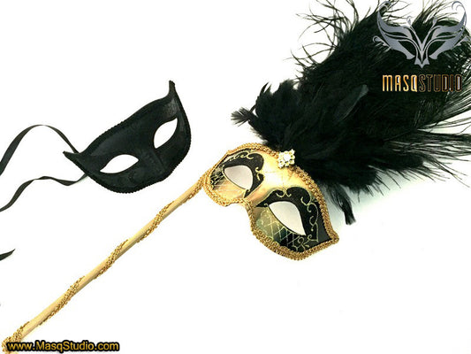 Venetian Couple Feather Masquerade Stick Mask Set Mardi Gras