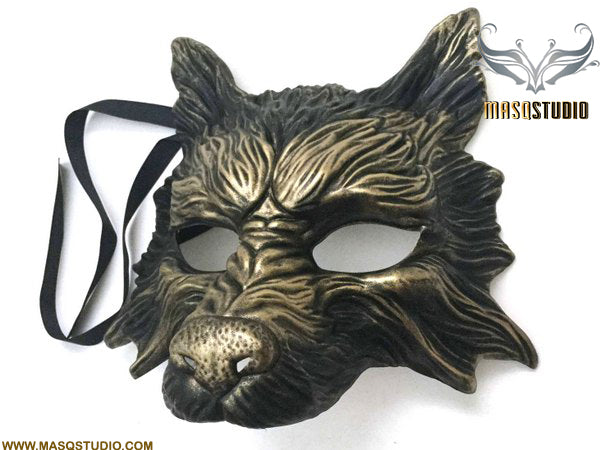 Masquerade ball mask WOLF Mask Wear or Wall Deco Black Gold