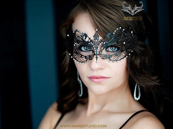 Filigree metal laser cut Black masquerade mask Chloe