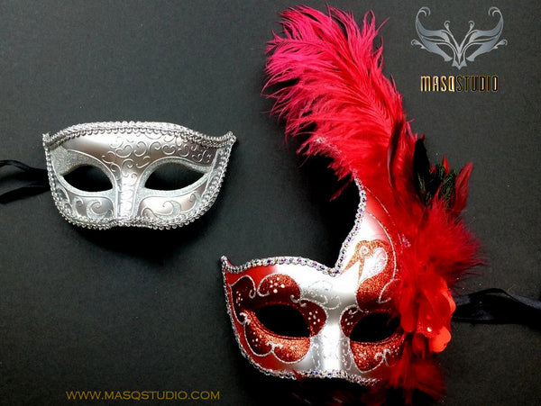 Couple Masquerade mask set Venetian Feathered Red Silver Masquerade Mask Pair