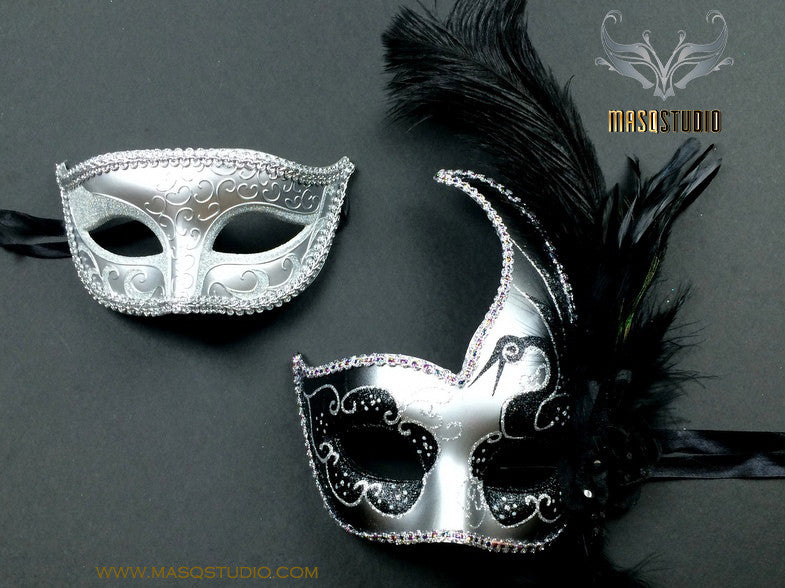 Couple Masquerade mask set Venetian Feathered Black Silver Masquerade Mask Pair