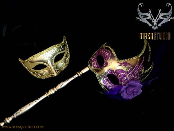 Purple Gold Venetian Couple Feather Masquerade Stick Mask Pair