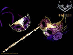Purple Gold Venetian Couple Feather Masquerade Stick Mask Pair