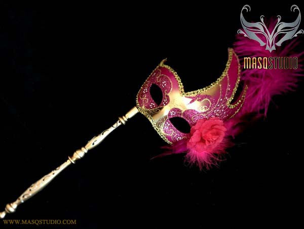 Fuchsia HotPink Gold Masquerade Stick Mask Venetian Feather Mask