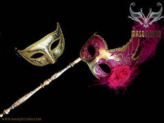 Fuchsia Gold Venetian Couple Feather Masquerade Stick Mask Pair