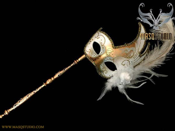 White Gold Masquerade Stick Mask Venetian Feather Mask