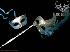 Turquoise Silver Venetian Couple Feather Masquerade Stick Mask Pair
