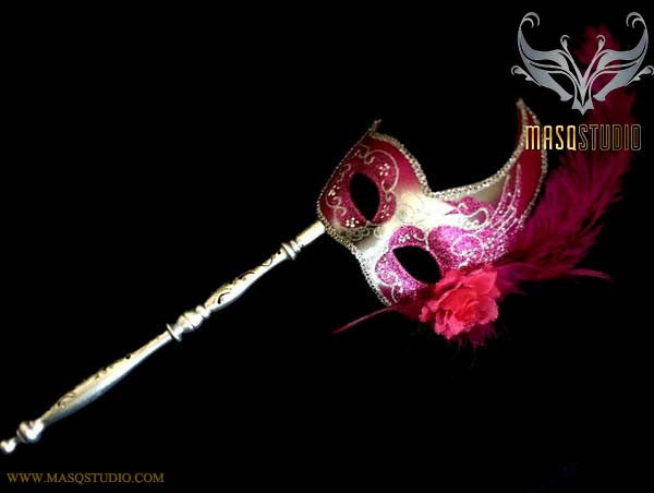 Fuchsia HotPink Silver Masquerade Stick Mask Venetian Feather Mask