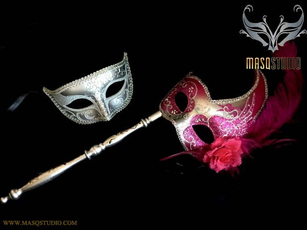 Fuchsia Silver Venetian Couple Feather Masquerade Stick Mask Pair