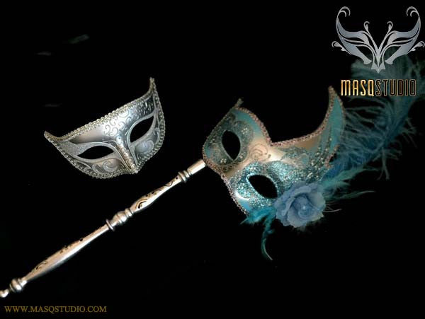 Venetian Couple Feather Masquerade Stick Mask Set Silver Turquoise