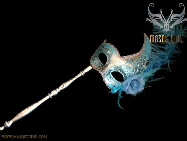 Turquoise Silver Masquerade Stick Mask Venetian Feather Mask