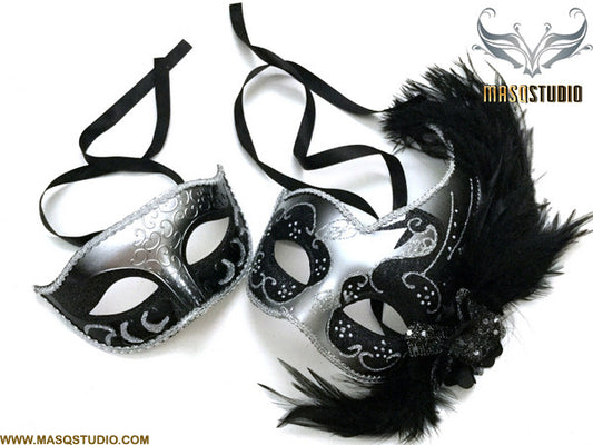 Venetian Silver Black Masquerade Ball Mask with Feather Pair