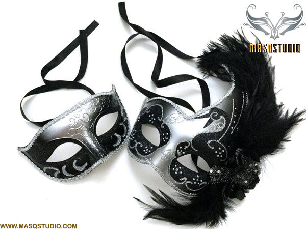 Venetian Silver Black Masquerade Ball Mask with Feather Pair