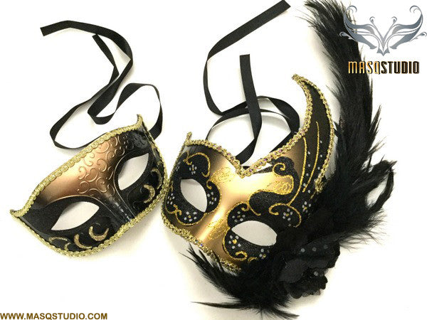 Venetian Gold Black Masquerade Ball Mask with Feather Pair