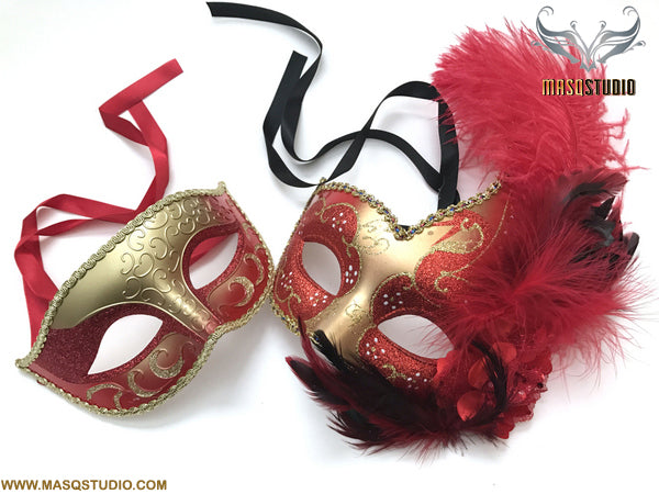 Venetian Gold Red Masquerade Ball Mask Pair Costume Dress up Carnival