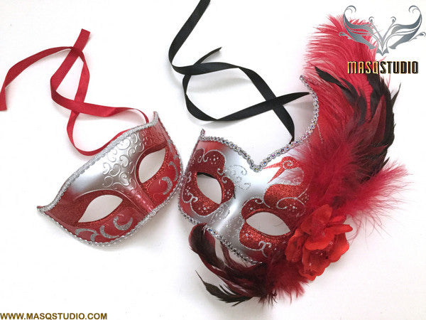 Venetian Silver Red Masquerade Ball Mask with Feather Pair