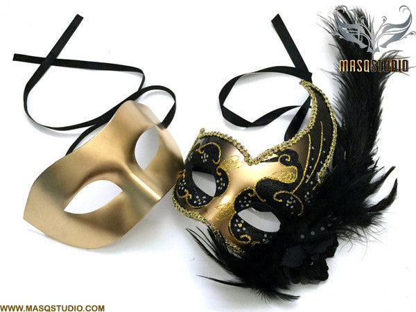 Venetian Feathered Black Gold Masquerade Ball Mask Pair
