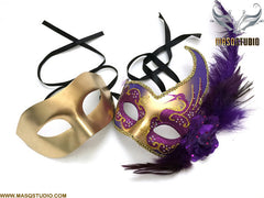 Venetian Feathered Purple Gold Masquerade Ball Mask Pair