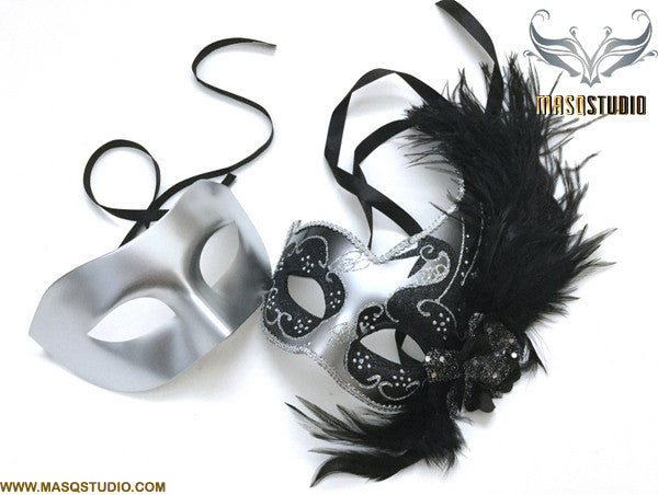 Venetian Feathered Silver Black Masquerade Ball Mask Pair
