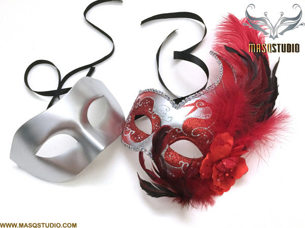 Venetian Feathered Silver Red Masquerade Ball Mask Pair