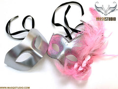 Venetian Feathered Silver Pink Masquerade Ball Mask Pair