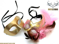 Venetian Feathered Pink Gold Masquerade Ball Mask Pair