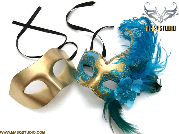 Venetian Feathered Gold Turquoise Masquerade Ball Mask Pair