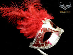 Venetian Style Ostrich tall Feather Silver Red Stick Mask