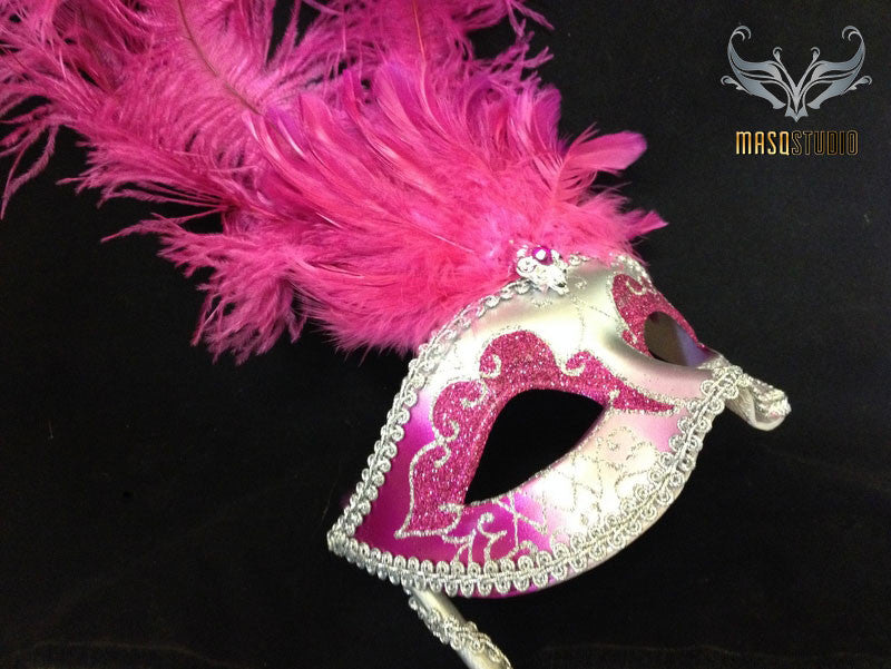 Venetian Style Ostrich tall Feather Silver hot pink Stick Mask