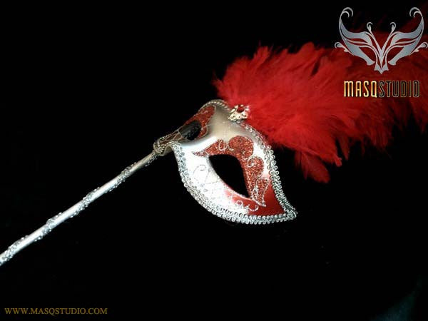 Venetian Style Ostrich tall Feather Silver Burgundy Red Stick Mask