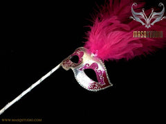 Venetian Style Ostrich tall Feather Silver Hot pink Fuchsia Stick Mask