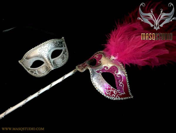 Fuchsia Silver Venetian Couple Show Girl Feather Masquerade Stick Mask Pair