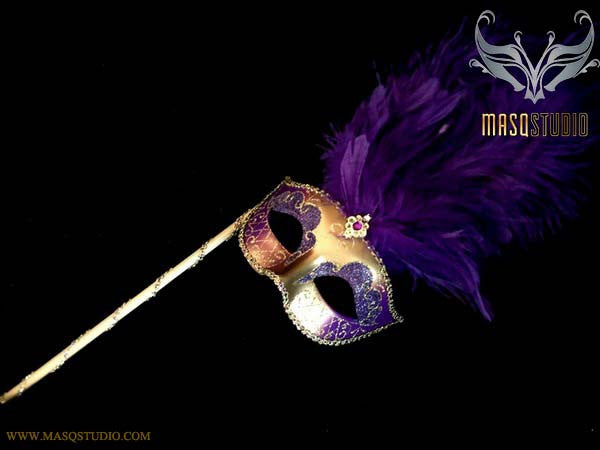 Venetian Style Ostrich tall Feather Gold Purple Stick Mask