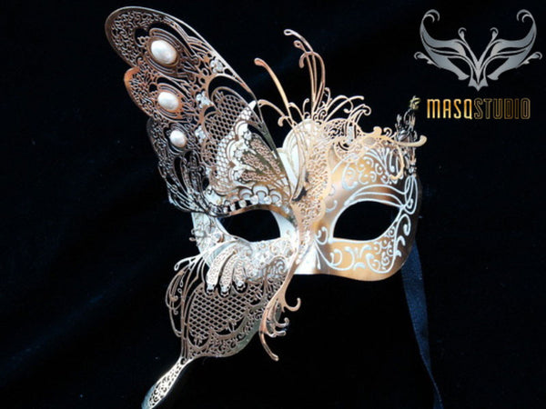 Luxury Metal Laser Cut Mask Half Butterfly - White and Gold