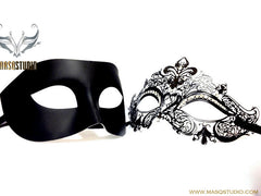 Luxury Venetian Couple Solid Black Masquerade Mask Set - Stacy