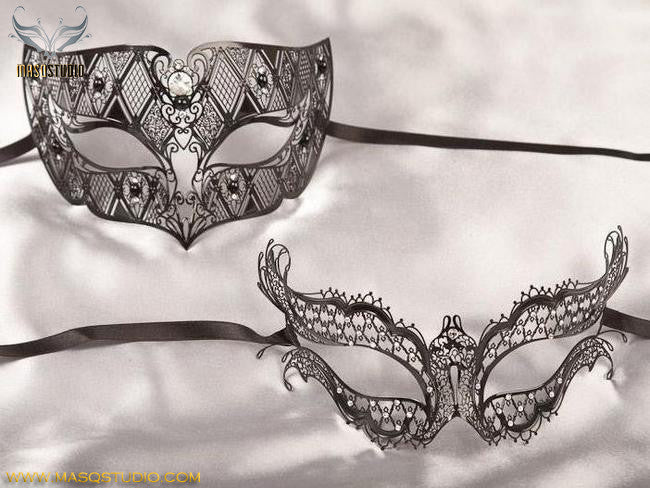 Laser cut Metal Couple Vampire Diaries Black Masquerade Mask Set
