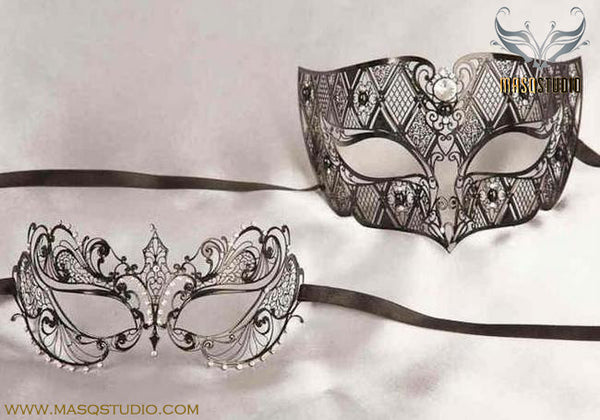 Filigree Laser cut Metal Couple Masquerade Mask Set Chloe Black
