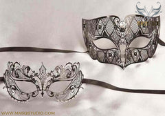 Filigree Laser cut Metal Couple Masquerade Mask Set Chloe Black