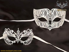 Filigree Laser cut Metal Couple Masquerade Mask Set Chloe Black