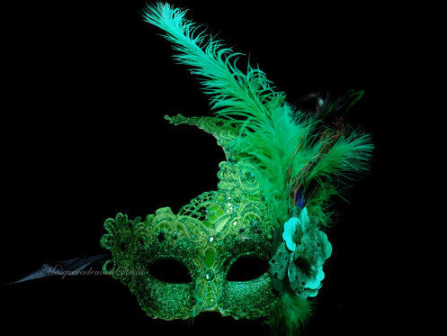 Venetian style side Feather Brocade Green Lace Masquerade Ball Mask