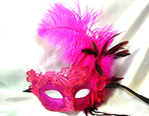 Venetian style side Feather Brocade Hotpink Fuchsia Lace Masquerade Ball Mask