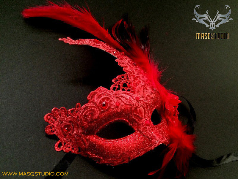 Venetian style Brocade Red Lace Masquerade Ball Mask