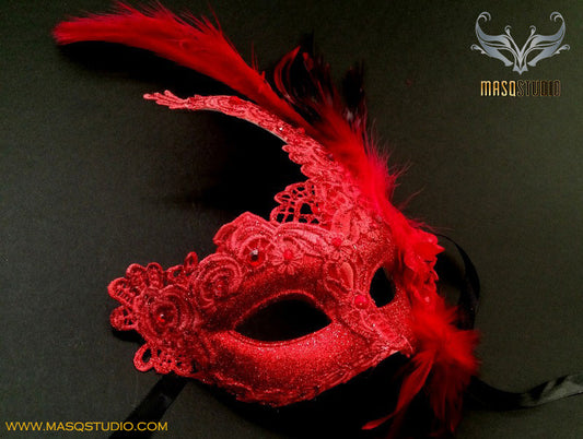 Red Brocade Lace Feather Masquerade Mask – Venetian Party Mask