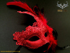 Venetian style Brocade Red Lace Masquerade Ball Mask